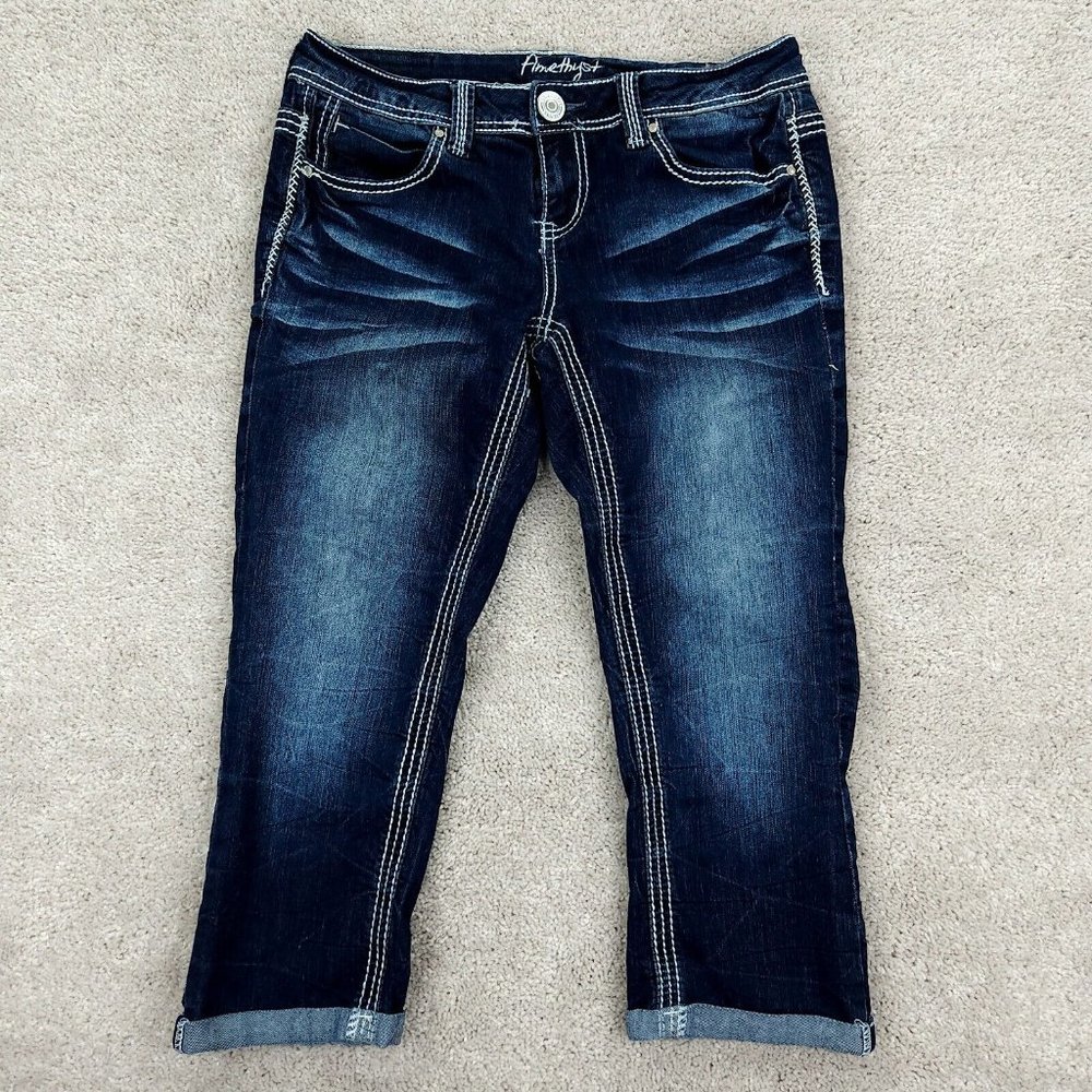 Amethyst Jeans Womens 5 Blue Skinny Capri Stretch Cuffed Distressed Denim